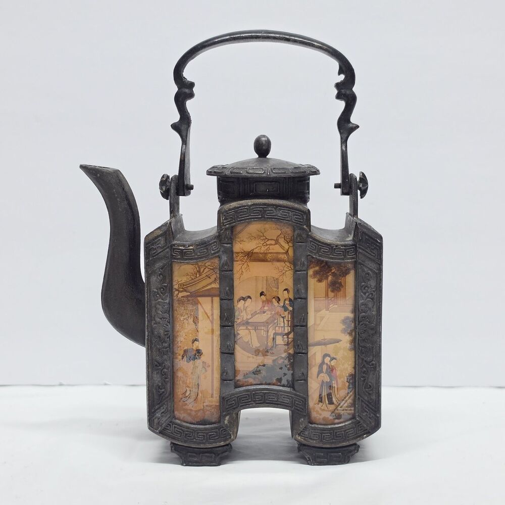 Antique Chinese Metal Decorative Teapot With Six Reverse Painted Glass Panels